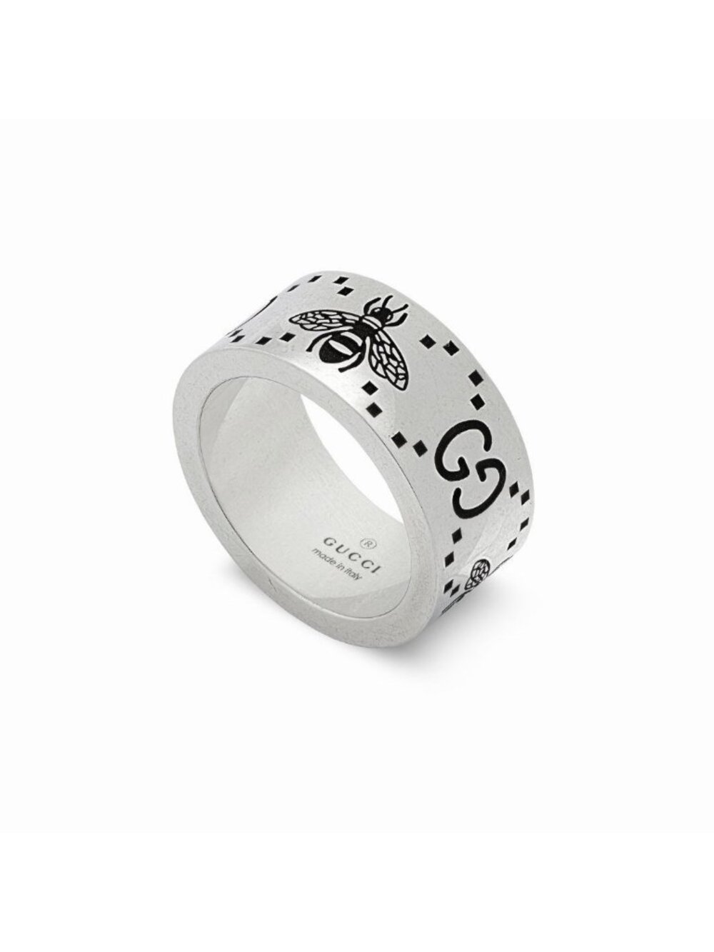 NEW GUCCI Sterling Silver GG & Bee Engraved Wide Ring SZ 15 IT 7.25 US